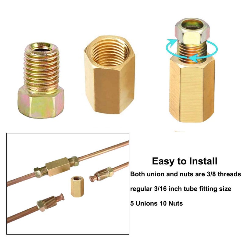 MuHize 3/16 Brake Line Fittings - Premium 18 PCS 3/8' 24 Threads Brake Fittings Assortment for 3/16' Tube (6 Unions, 12 Nuts) - Image 2